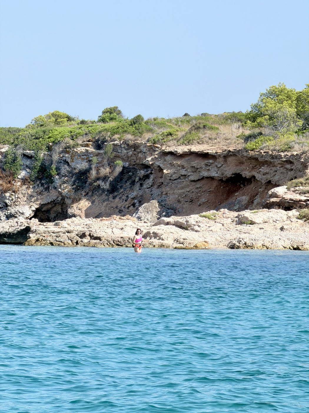 A cove of rock and pine trees on the Mallorcan coast